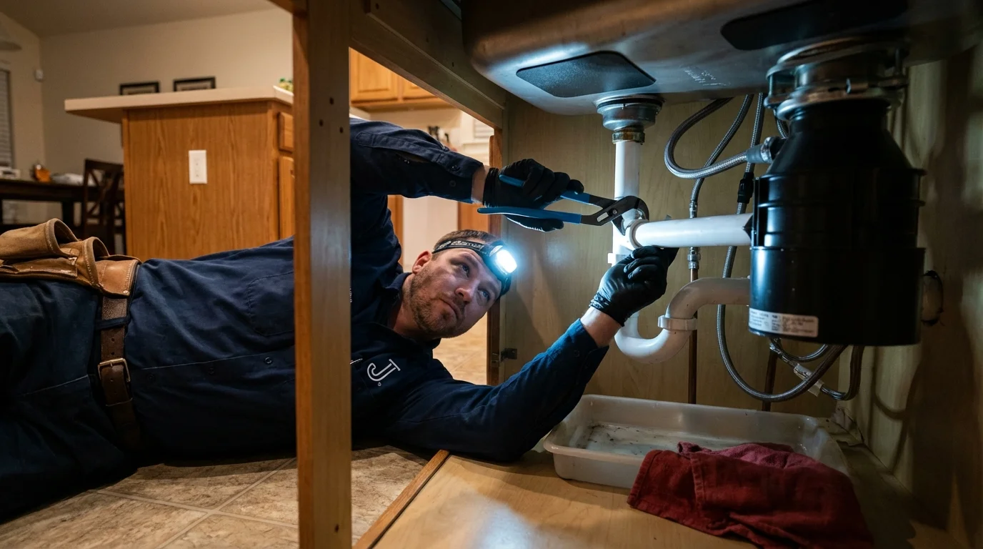 P-trap and supply line connections under a kitchen sink showing a common leak point in Georgetown, DE